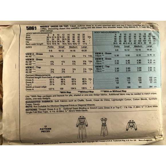 VINTAGE, MCCALLS, 1970's, DRESS & TOP, #5861, MISS SIZE PETITE - Picture 2 of 2